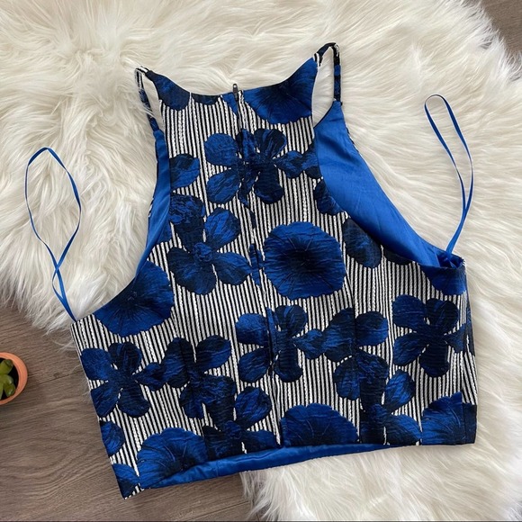 Badgley Mischka Lilliana Blue Floral Striped Crop Top - Picture 5 of 6